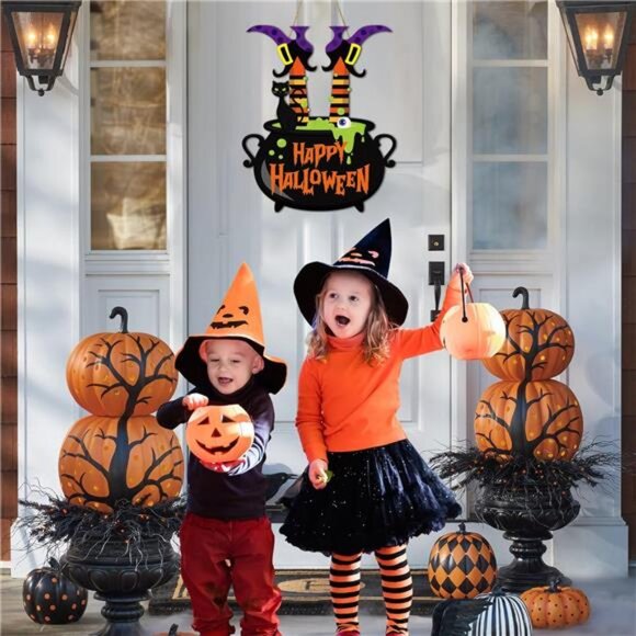 Halloween Witch Door Sign Happy Halloween Wooden Sign Plaque Witch Leg Front - Picture 4 of 8